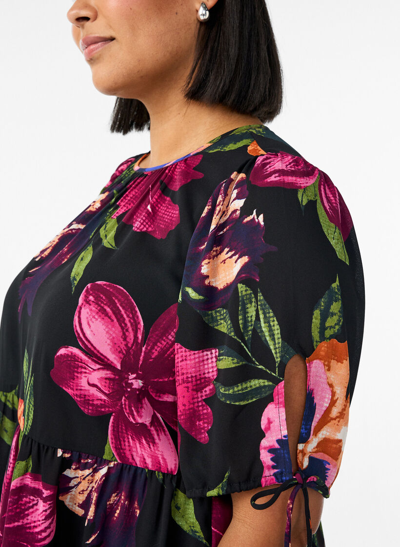 Blouse met bloemenprint en peplum, Zwart, Model image number 3