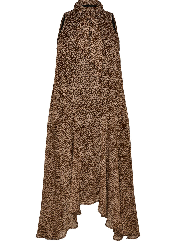 Midi jurk in chiffon met luipaardprint en een strik in de taille, Bruin, Packshot image number 0