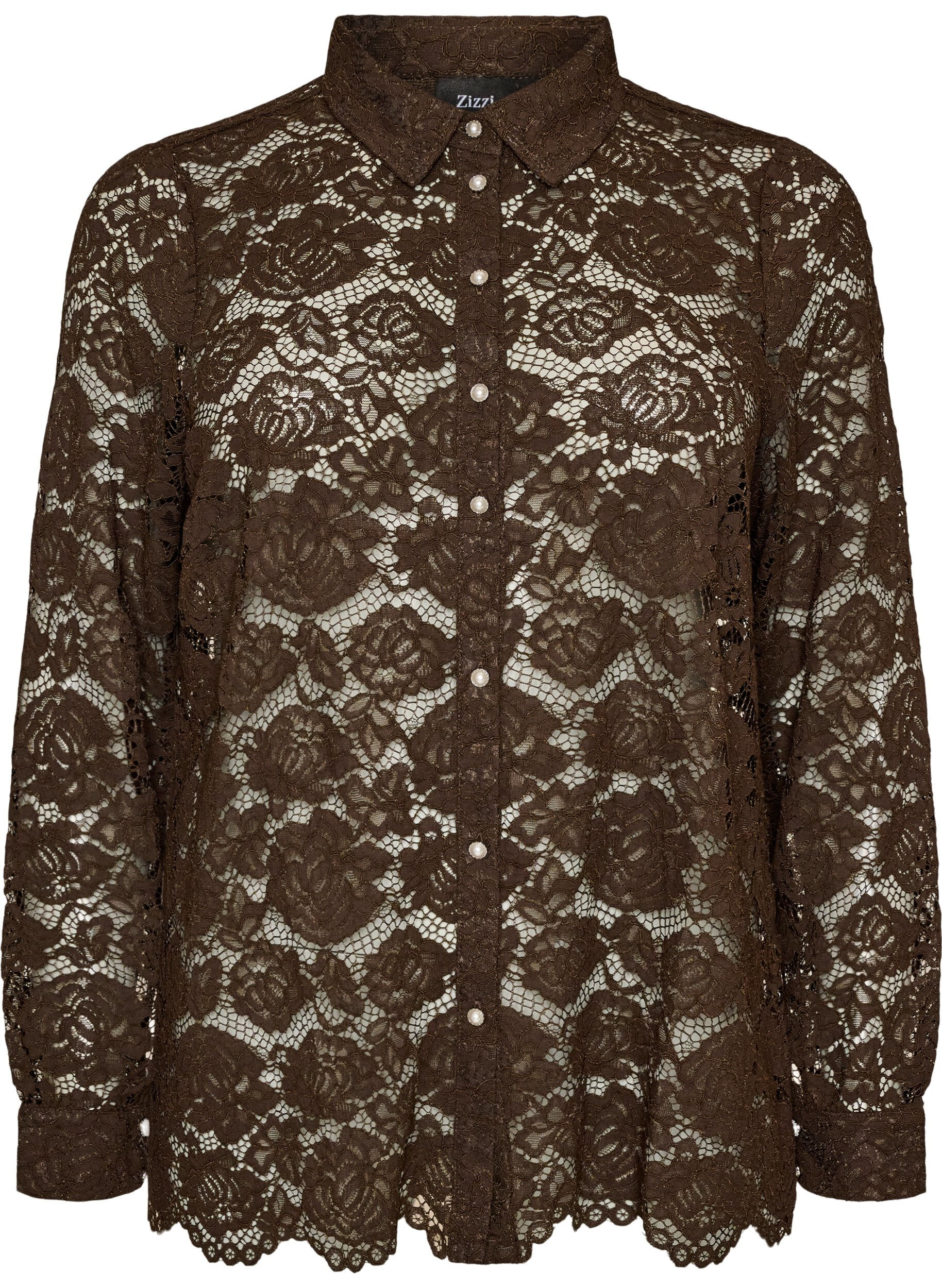 ZizziKanten shirt met parelknopen, Bruin, Packshot image number 0