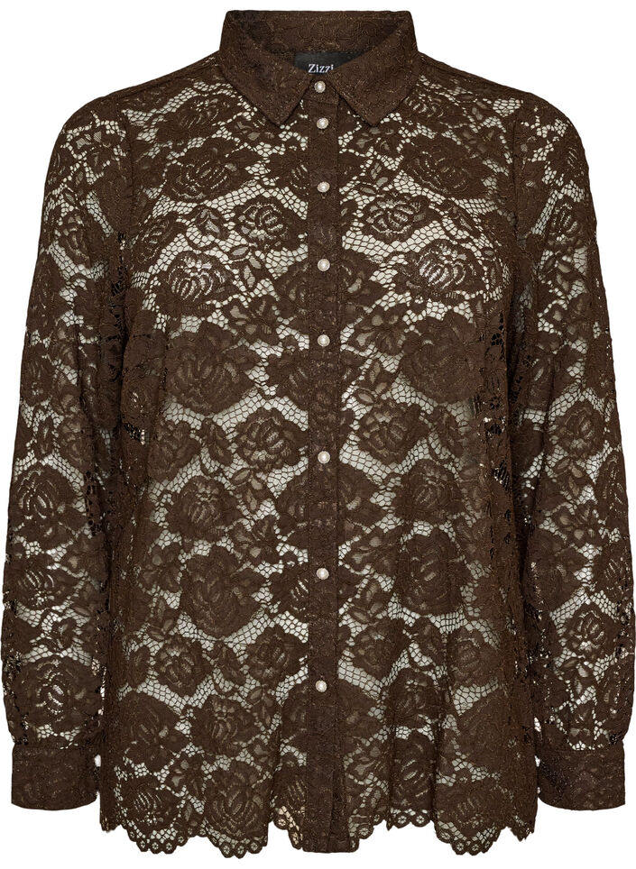Kanten shirt met parelknopen, Bruin, Packshot image number 0