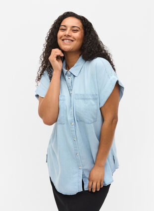 Chemise à manches courtes avec poches de poitrine, Light blue denim, Model image number 0