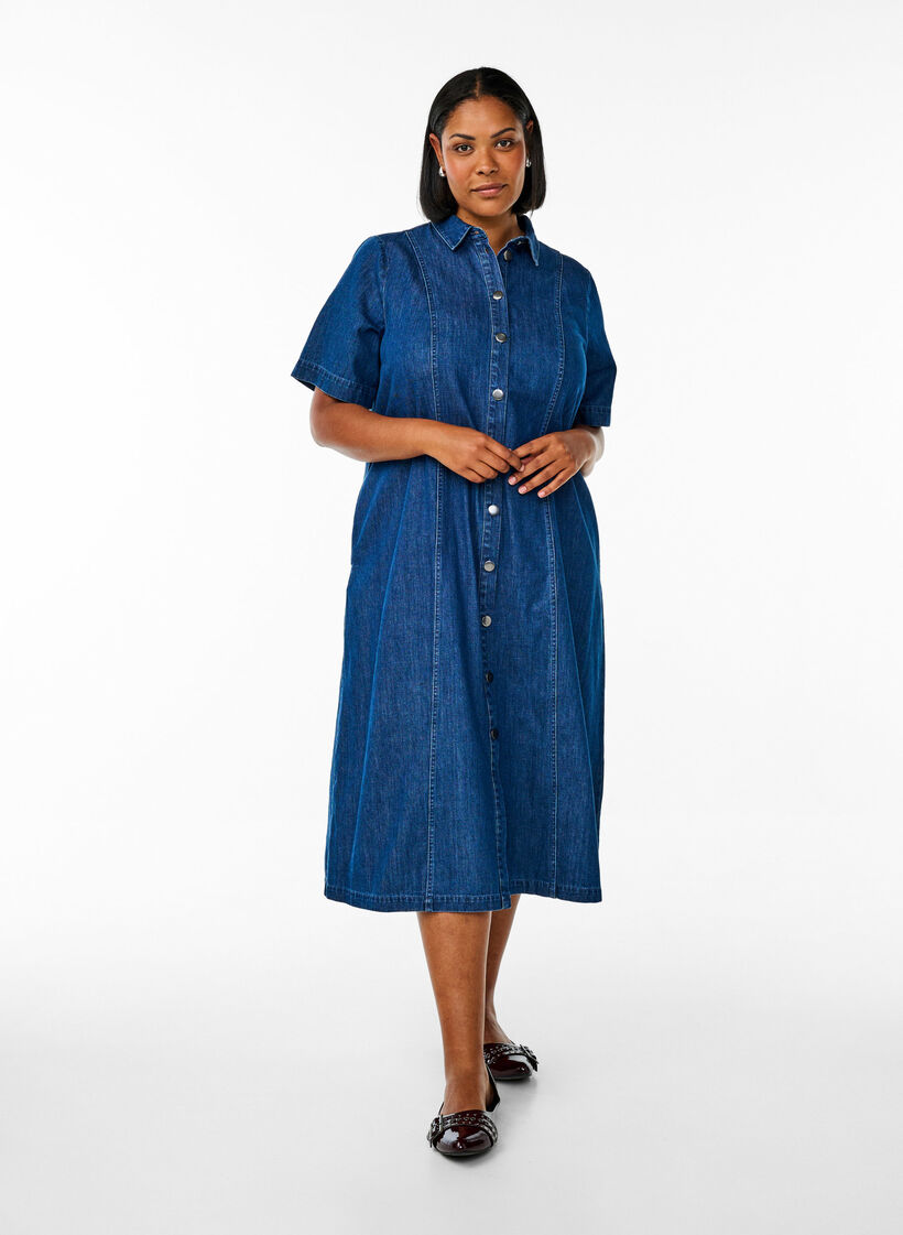 Robe-chemise en denim mi-longue, Bleu, Model image number 0