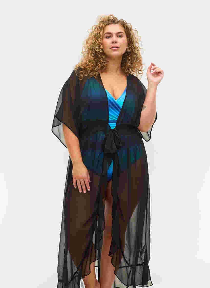 Strand kimono met korte mouwen, Black, Model image number 2