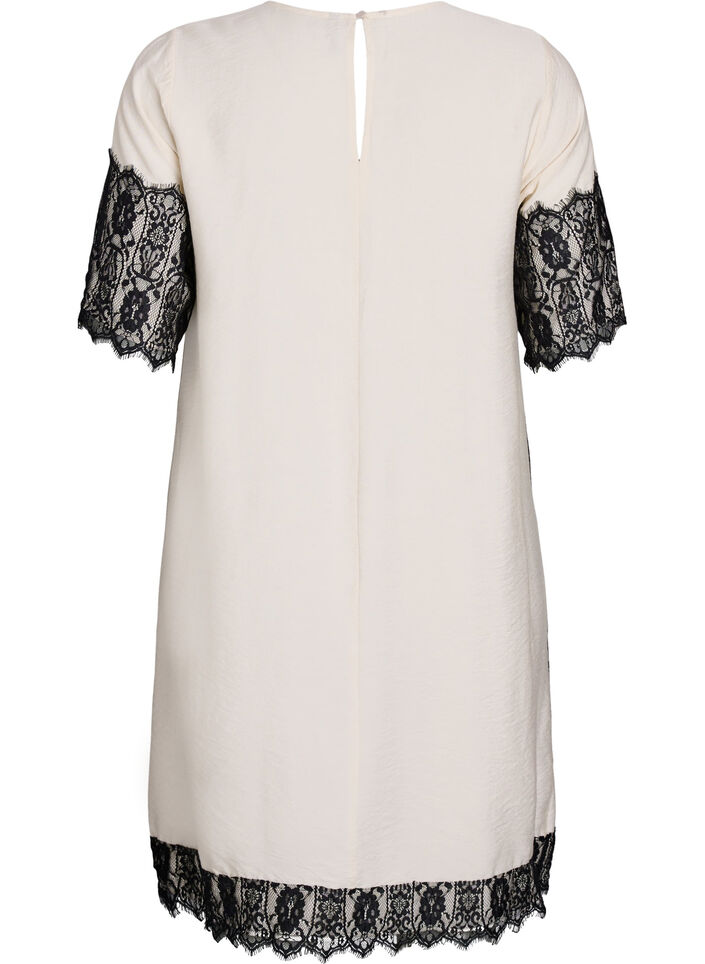 Robe courte avec des empi&egrave;cements en dentelle contrastants, Beige, Packshot image number 1