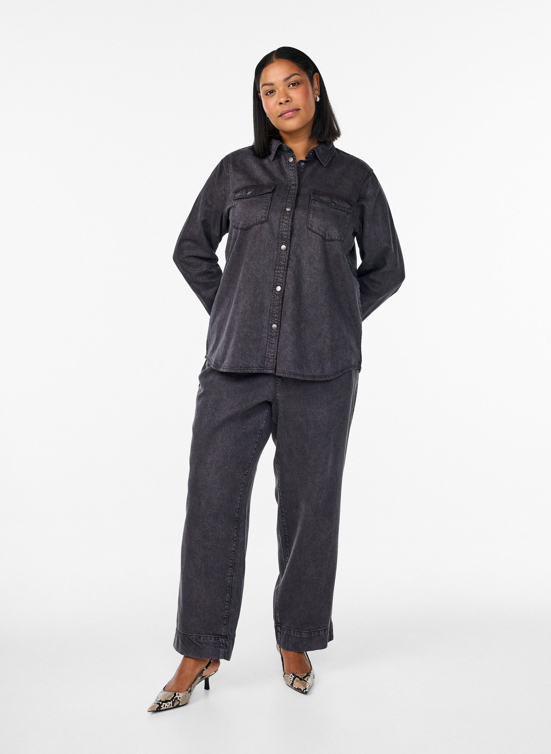 ZizziSpijkerblouse met borstzakken, Grijs, Model image number 1