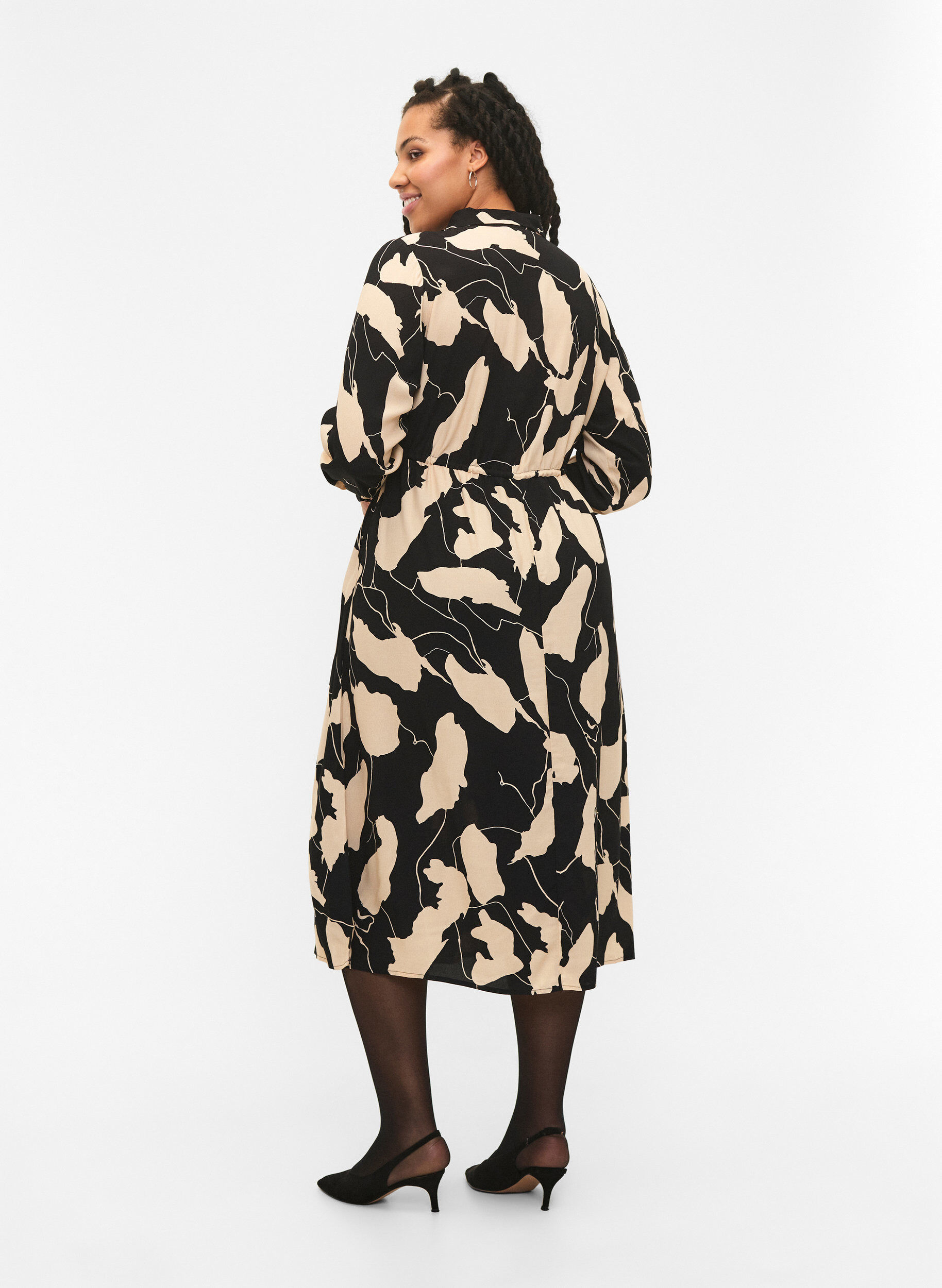 ZizziMidi-jurk met lange mouwen in viscose met print, Black AOP, Model image number 1