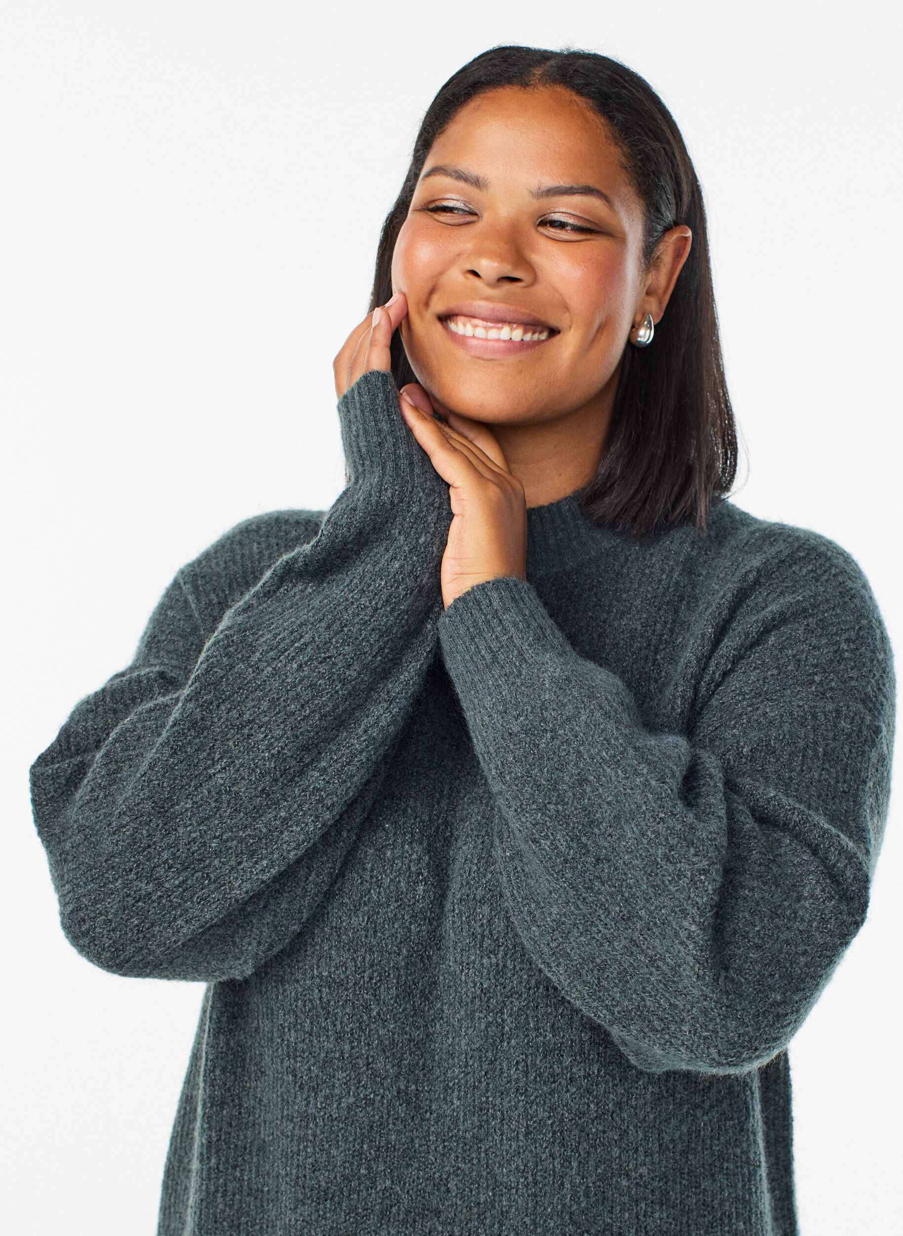 Zizzi Robe longue en maille &agrave; col montant, Vert fonc&eacute;, Model image number 2