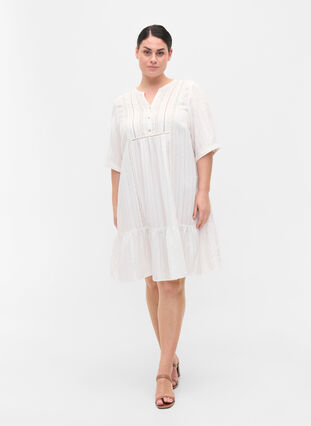 Gestreepte viscose jurk met kanten lint, Bright White, Model image number 2
