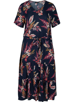 Midi-jurk met korte mouwen in viscose, Indian Summer Flower, Packshot image number 0
