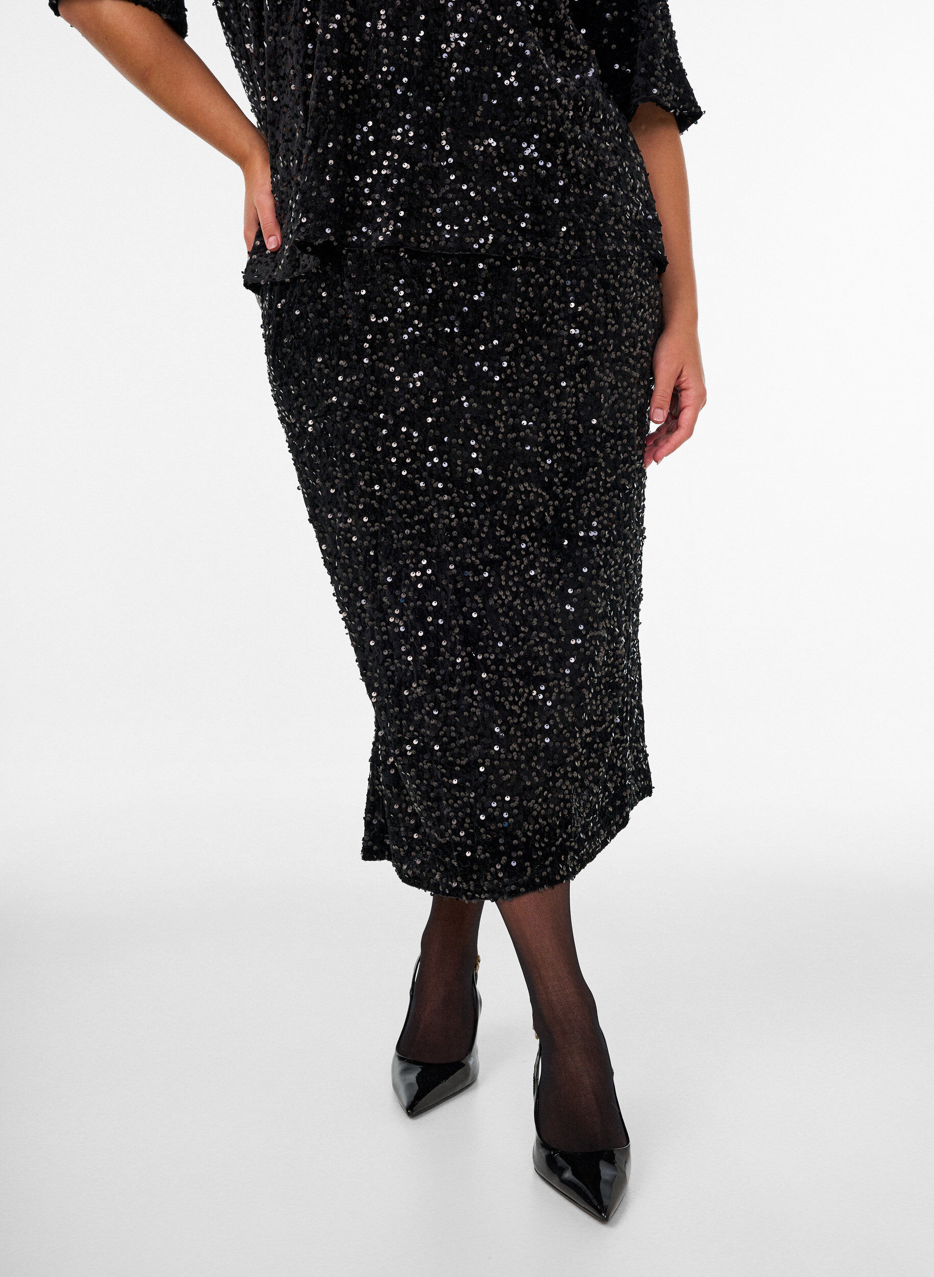 ZizziMidirok met pailletten en splitten, Zwart, Model image number 2