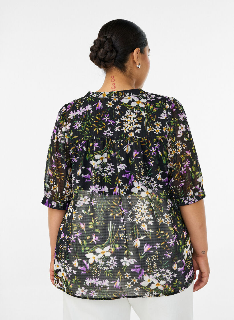 Blouse &agrave; imprim&eacute; floral et col V, Noir, Model image number 2
