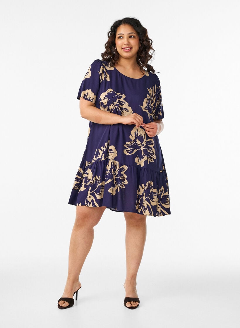 Jurk van viscose met coupenaad, Blauw, Model image number 1