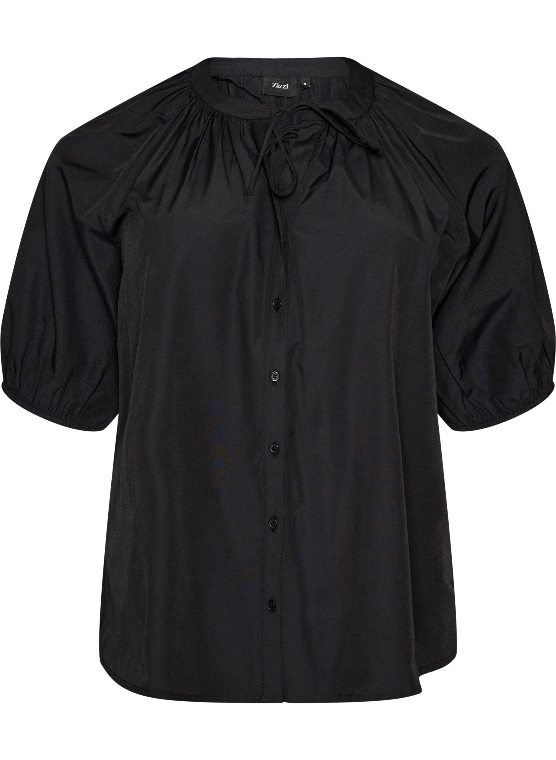 ZizziOverhemdblouse met knoopsluiting en strikceintuur, Zwart, Packshot image number 0