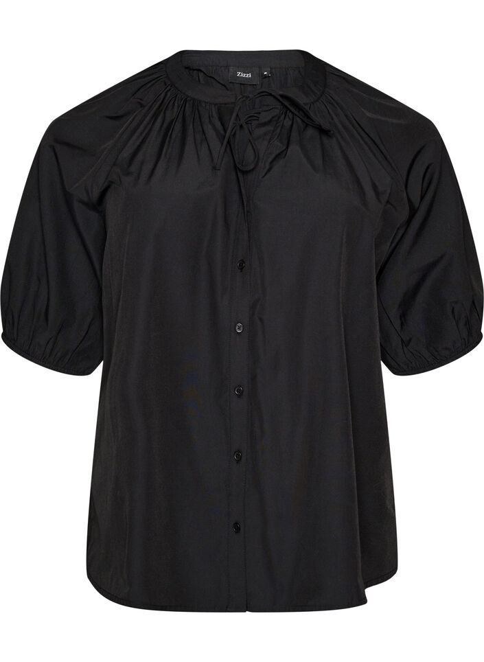 Overhemdblouse met knoopsluiting en strikceintuur, Zwart, Packshot image number 0