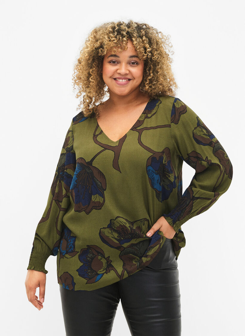 Blouse &agrave; manches longues en viscose avec imprim&eacute; floral	, Green Big Flower, Model image number 0
