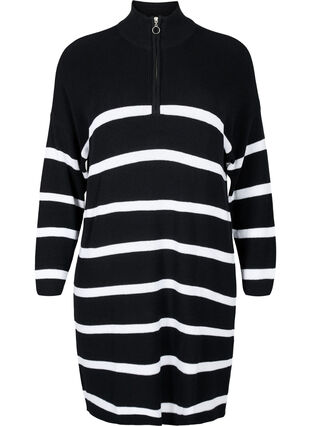 Robe en tricot rayée avec fermeture éclair, Black w.Cloud Dancer, Packshot image number 0