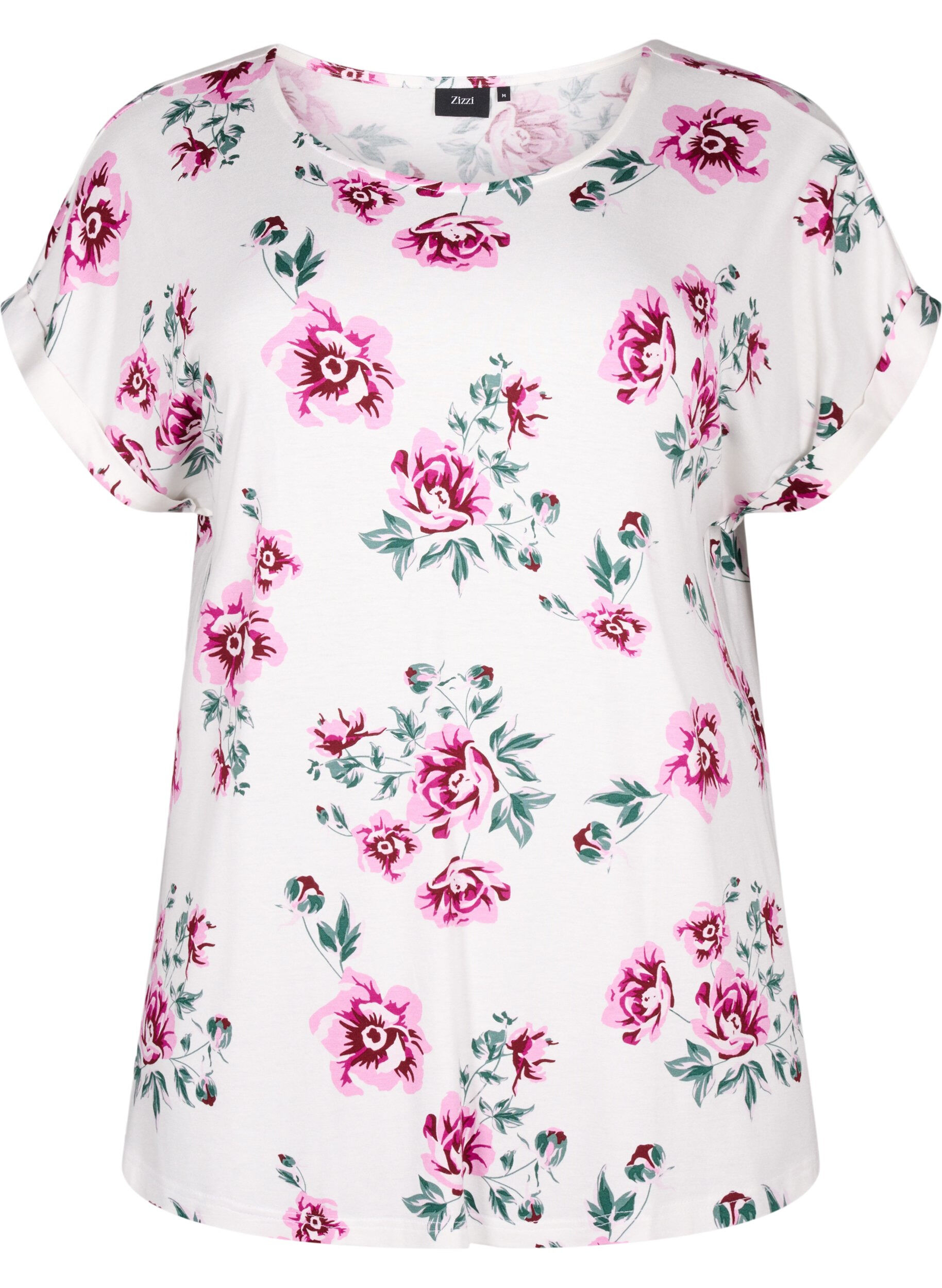 ZizziViscose blouse met korte mouwen en bloemen, White Pink AOP, Packshot image number 0