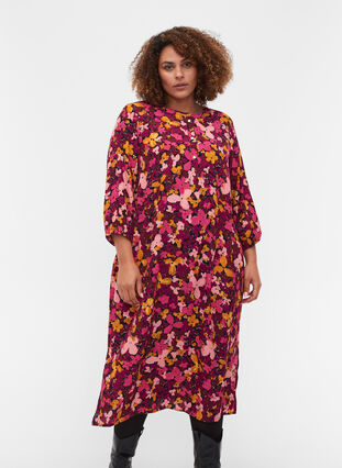 Viscose jurk met 3/4 mouwen en bloemenprint, Hot Pink Flower, Model image number 0