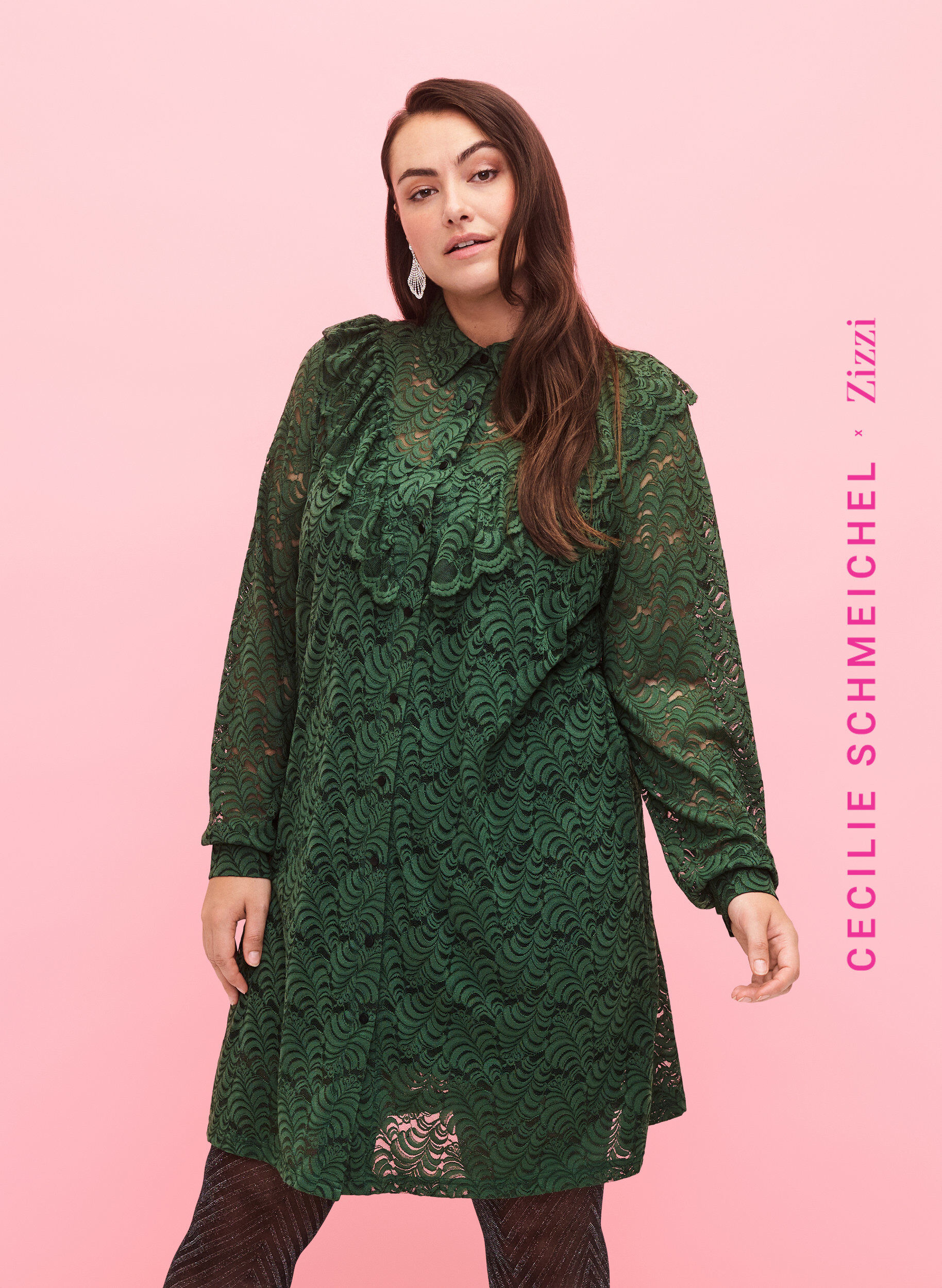 Zizzi Robe chemise en dentelle avec froufrous, Hunter Green, Model image number 0