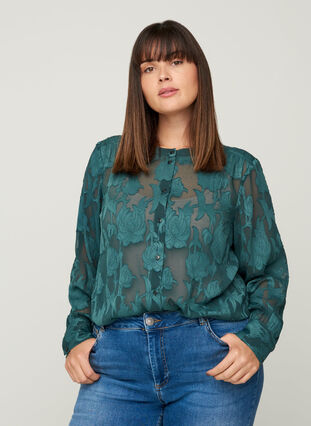 Transparante blouse met patroon, Darkest Spruce, Model image number 0