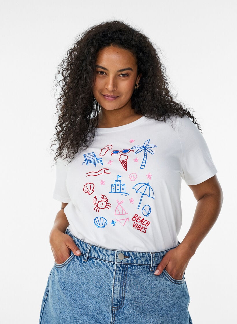 T-shirt en coton bio avec imprim&eacute; plage, Blanc, Model image number 0