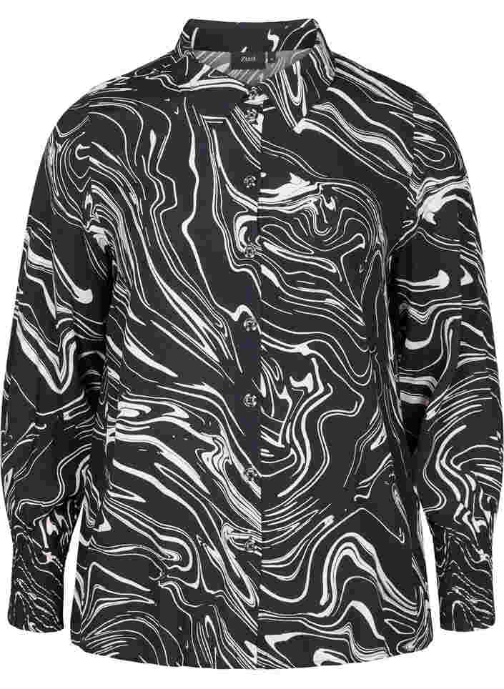 Viscose overhemd met lange mouwen en print, Black Swirl AOP, Packshot