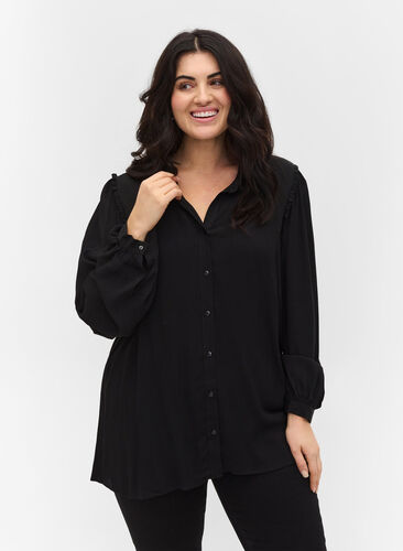 Viscose blouse met ruche details en lange mouwen, Black, Model image number 0