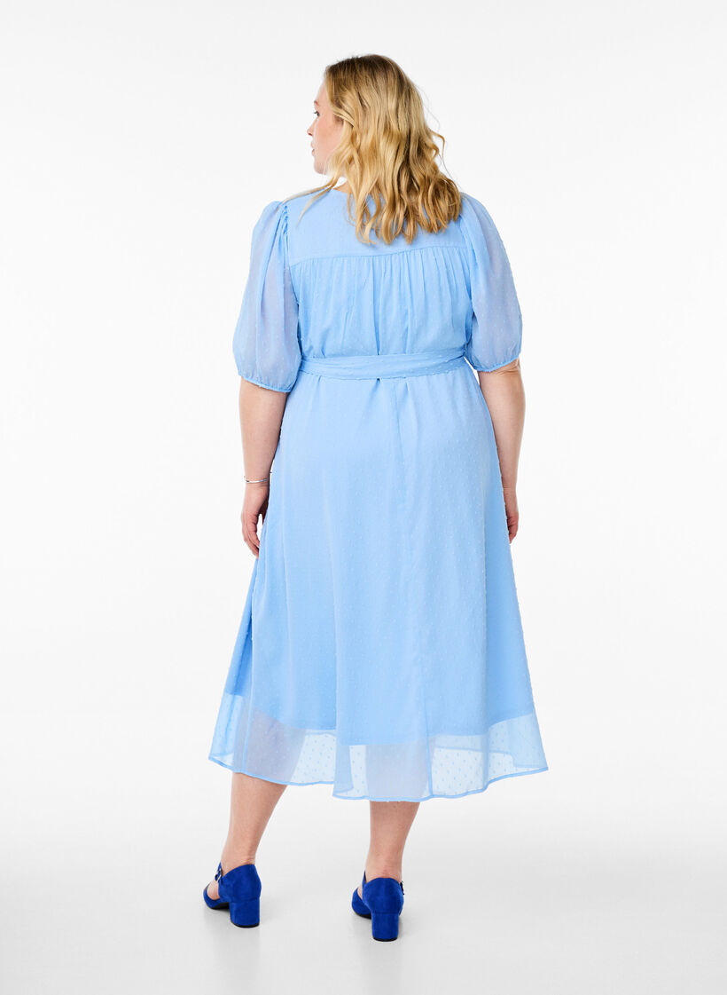 Midi jurk met V-hals en striksluiting, Blauw, Model image number 1