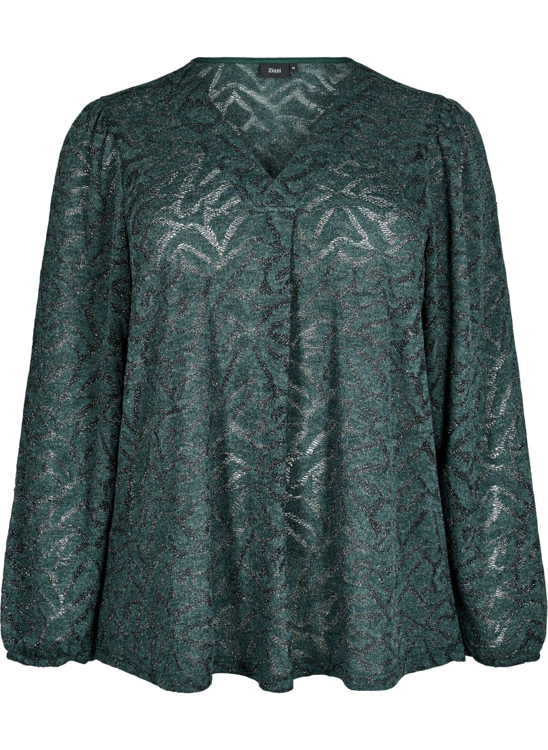 ZizziBlouse met lange mouwen met glitter en patroon, Groen, Packshot image number 0