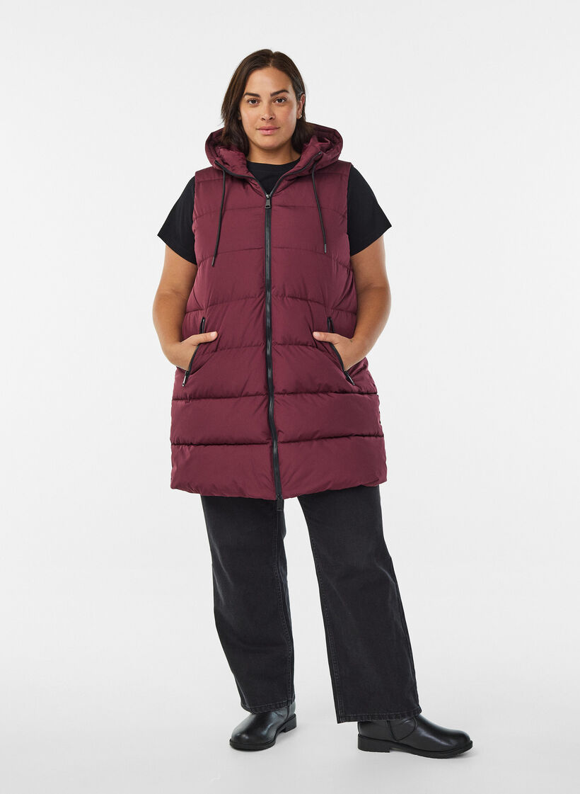 Veste longue avec capuche et poches, Bordeaux, Model image number 1