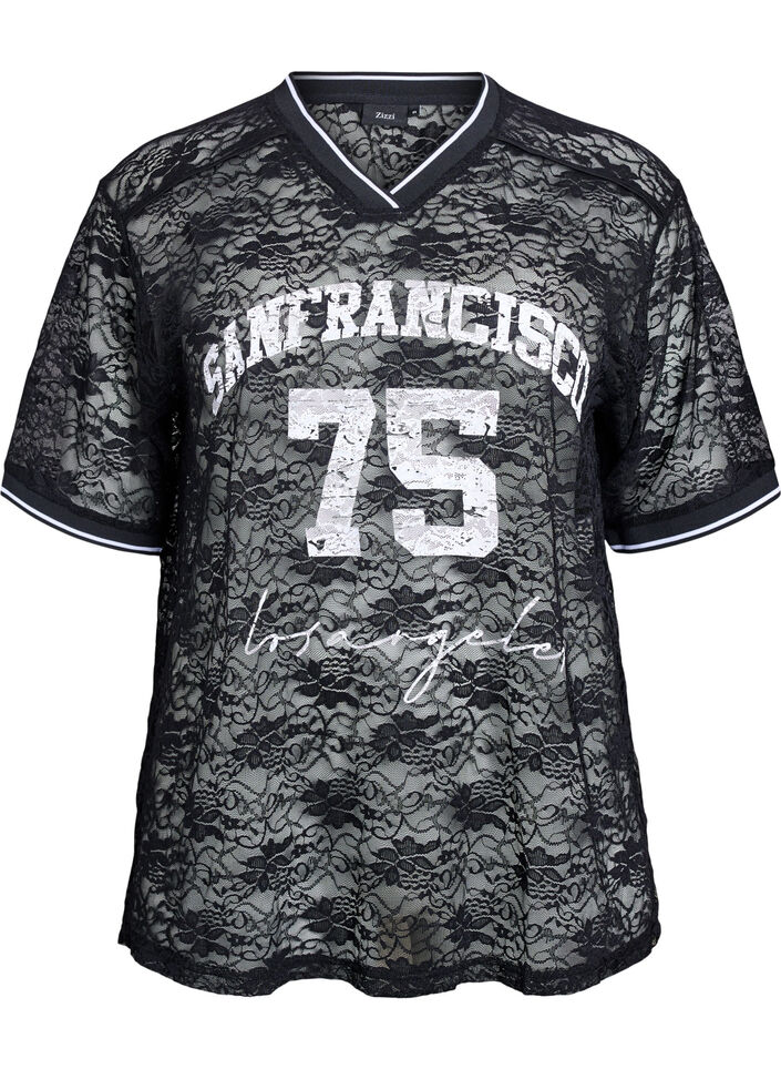 Sportief T-shirt van kant met losse pasvorm, Zwart, Packshot image number 0