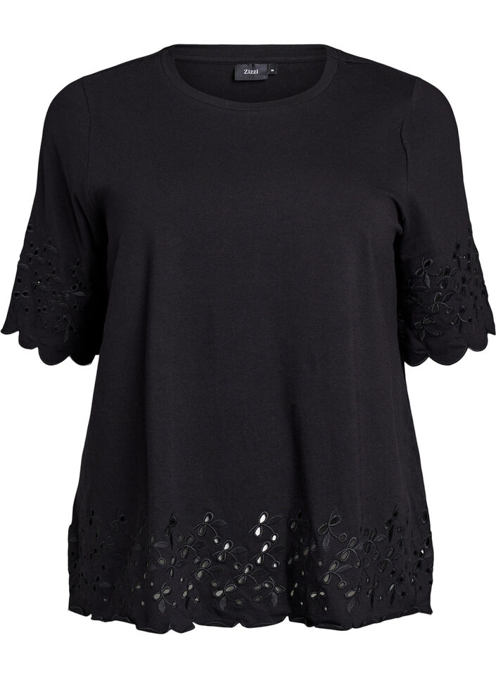 T-shirt met broderie anglaise en geschulpte randen, Zwart, Packshot image number 0