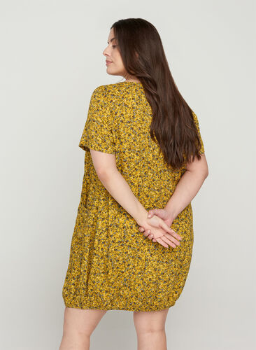 Viscose jurk met print en korte mouwen , Yellow Ditsy Flower, Model image number 1