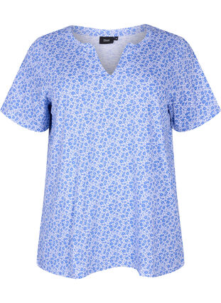 T-shirt en coton à fleurs avec col en V, Ultramarine AOP, Packshot image number 0