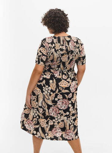 Viscose jurk met print en smokwerk, Paisley Flower, Model image number 1