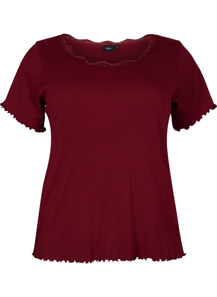 Chemise de nuit à manches courtes avec bordures en dentelle, Cabernet, Packshot image number 0