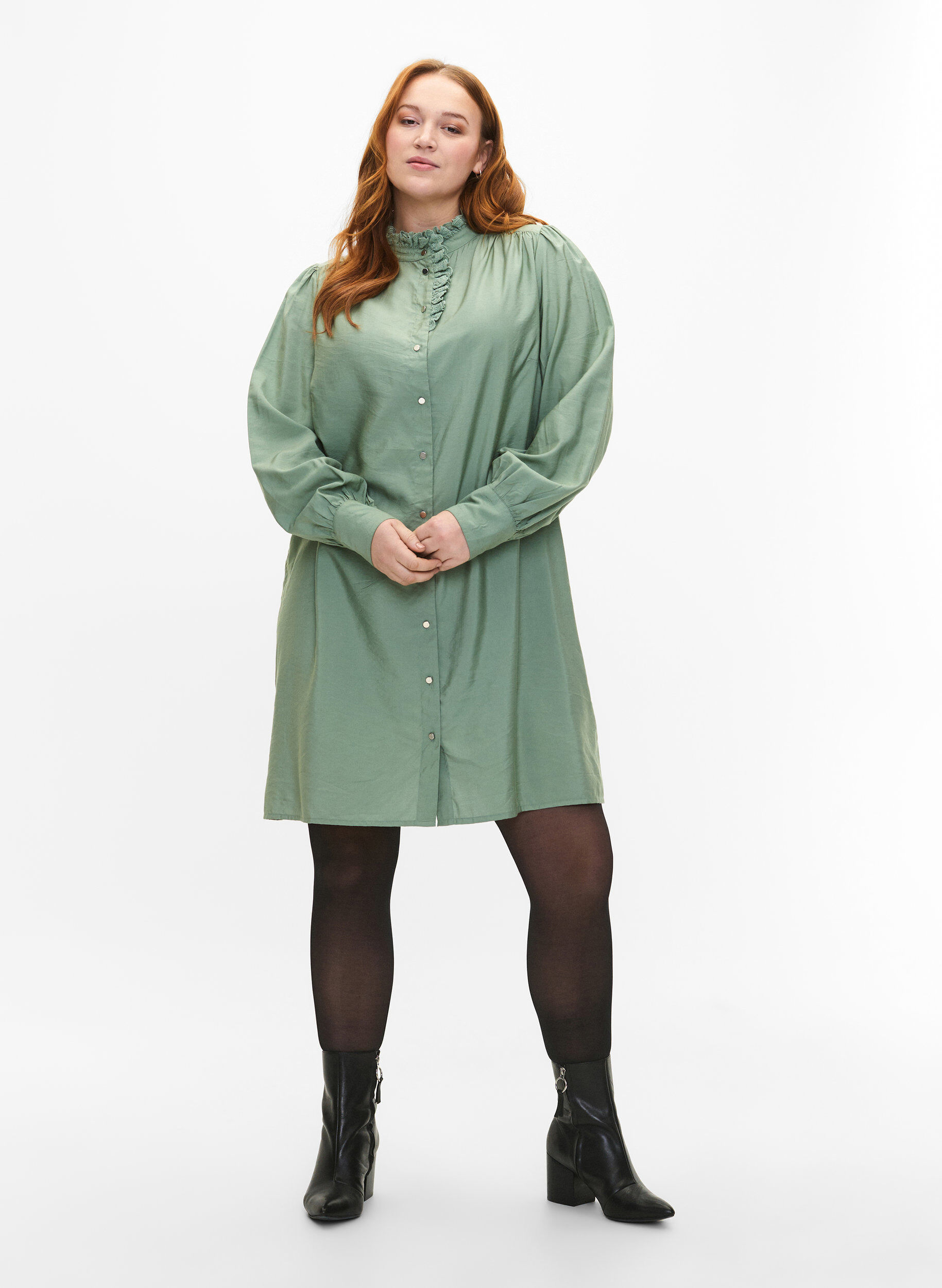 ZizziViscose Shirt Jurk met ruffles, Groen, Model image number 1