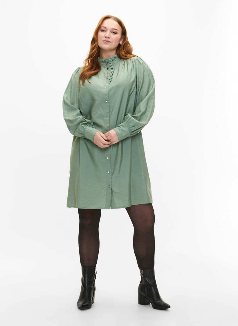 Viscose Shirt Jurk met ruffles, Groen, Model image number 1