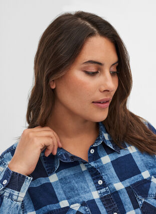 Geruite blouse met borstzakken in katoen, Blue/Black Check, Model image number 2