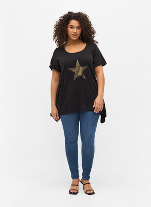 Katoenen t-shirt met korte mouwen en a-lijn, Black w. Gold Star, Model image number 2