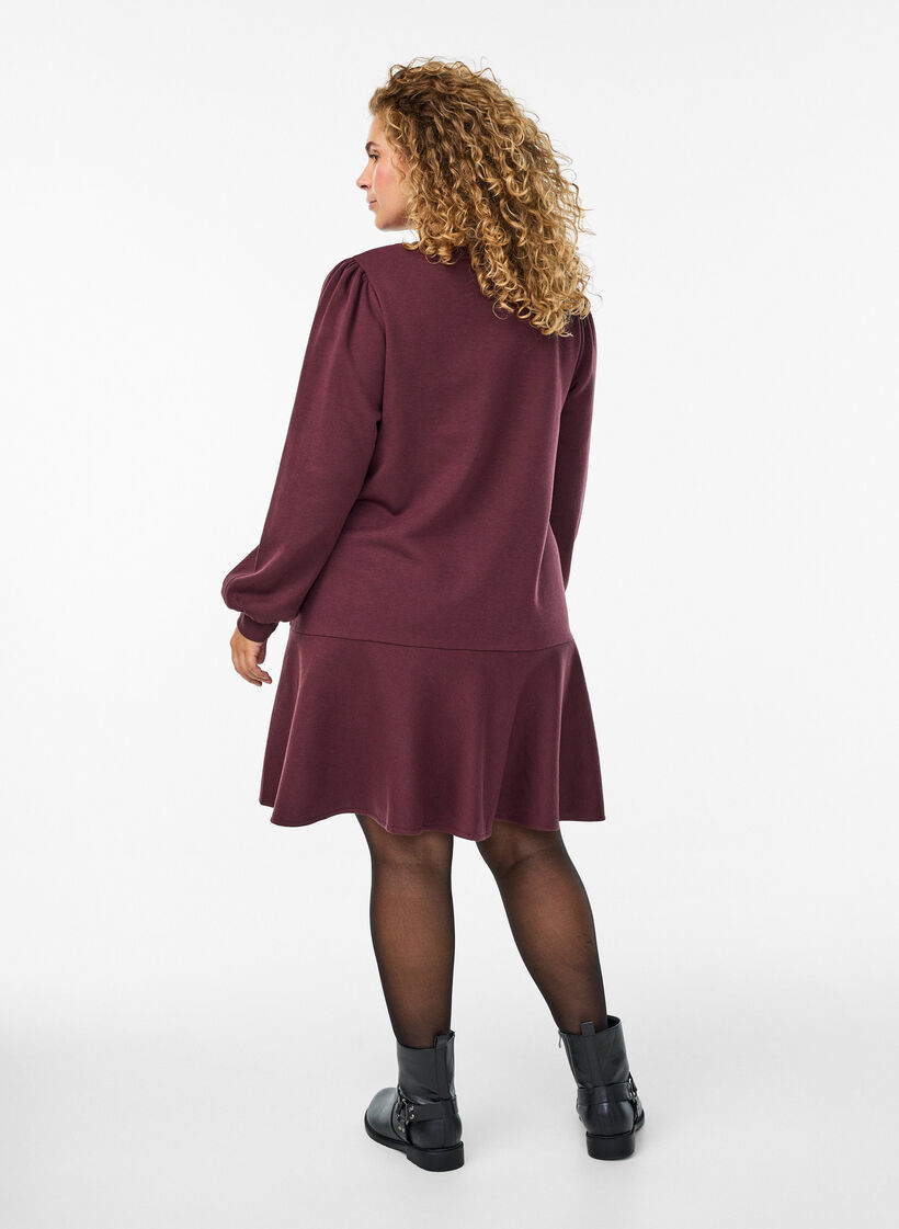 Robe sweat courte avec volants, Bordeaux foncé, Model image number 2