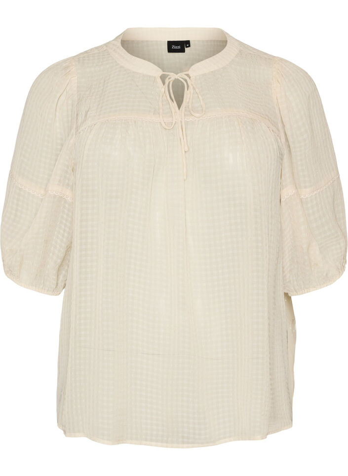 Blouse en seersucker avec lien &agrave; nouer, Beige, Packshot image number 0