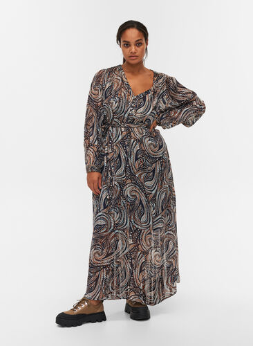 Maxi-jurk met paisley printen striksluiting, Black Paisley, Model image number 0