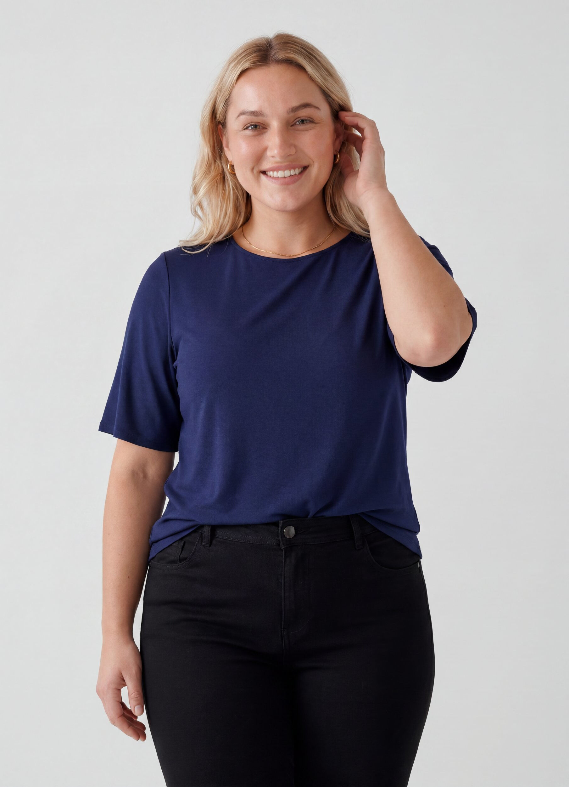 ZizziGeweven blouse met korte mouwen en ronde hals, Blauw, Model image number 0