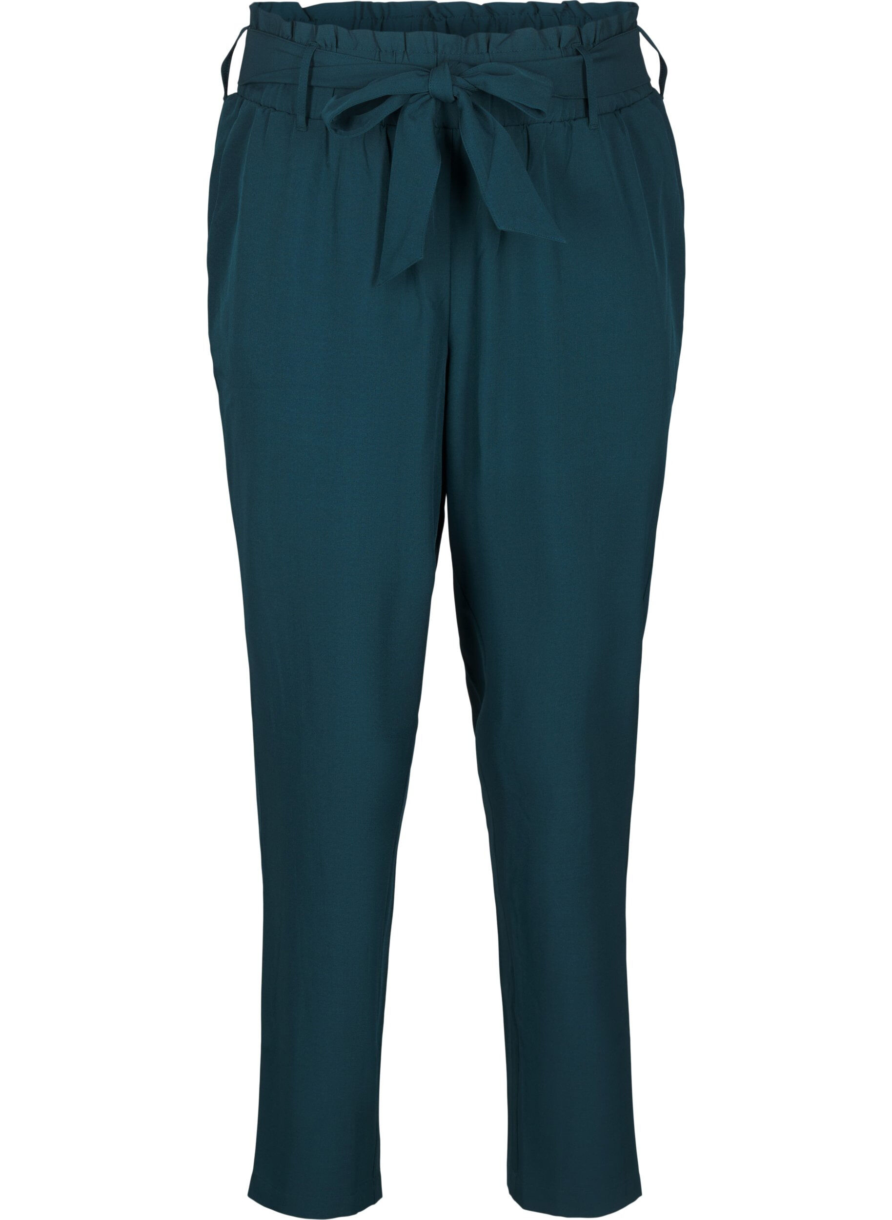 ZizziHigh-waist broek met ruches en een strikriem, Sea Moss Melange, Packshot image number 0
