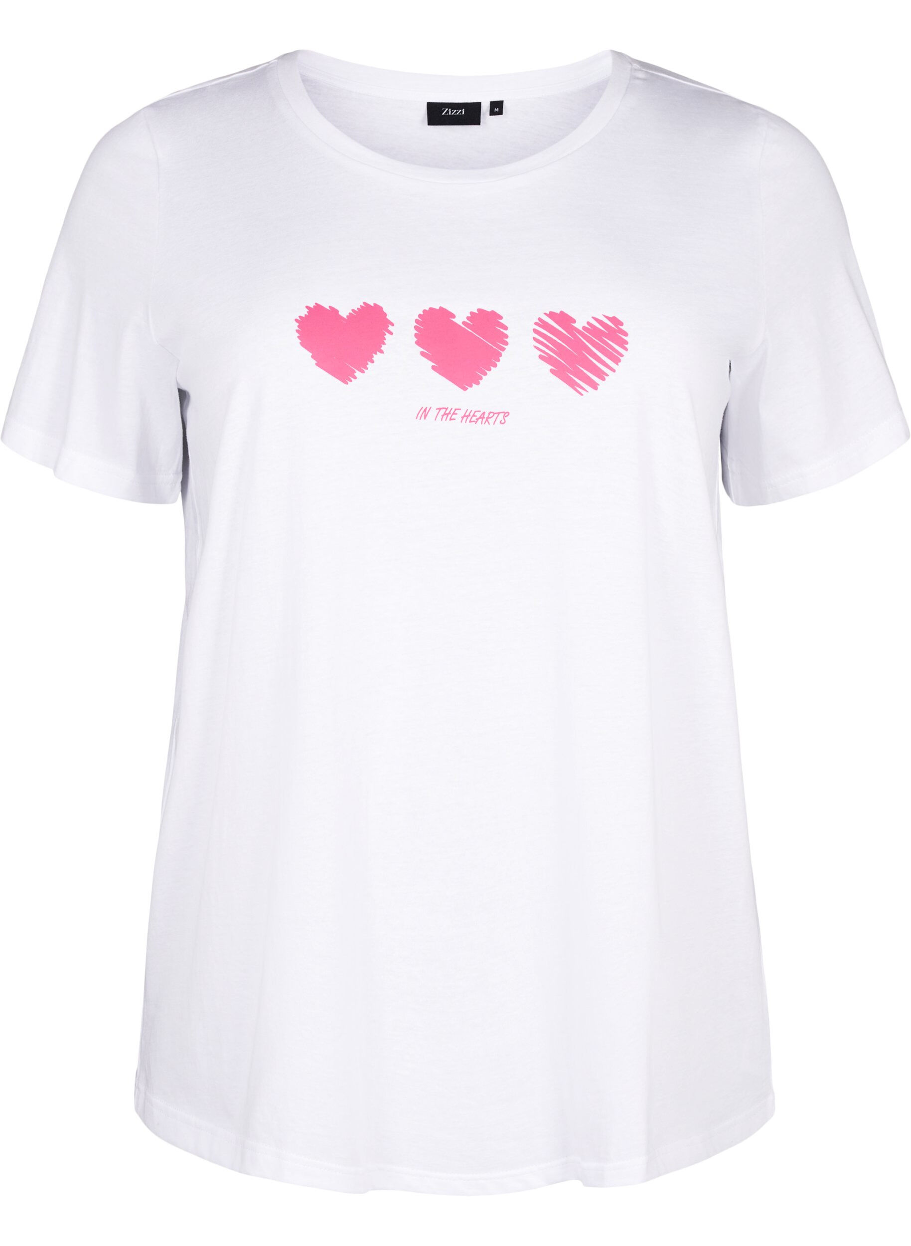 Zizzi T-shirt en coton &agrave; col ras du cou avec impression, B. White W. Hearts, Packshot image number 0