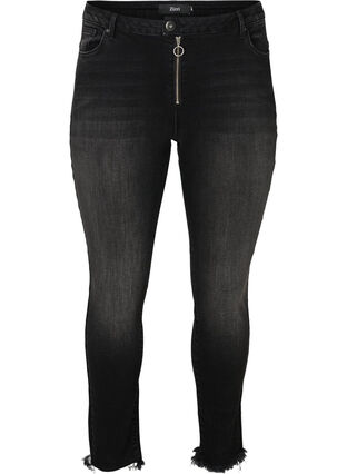Cropped Nille jeans met gerafelde randen, Dark Grey Denim, Packshot image number 0