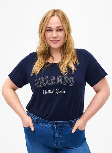 Katoenen T-shirt met tekst, Navy B. Orlando, Model image number 0