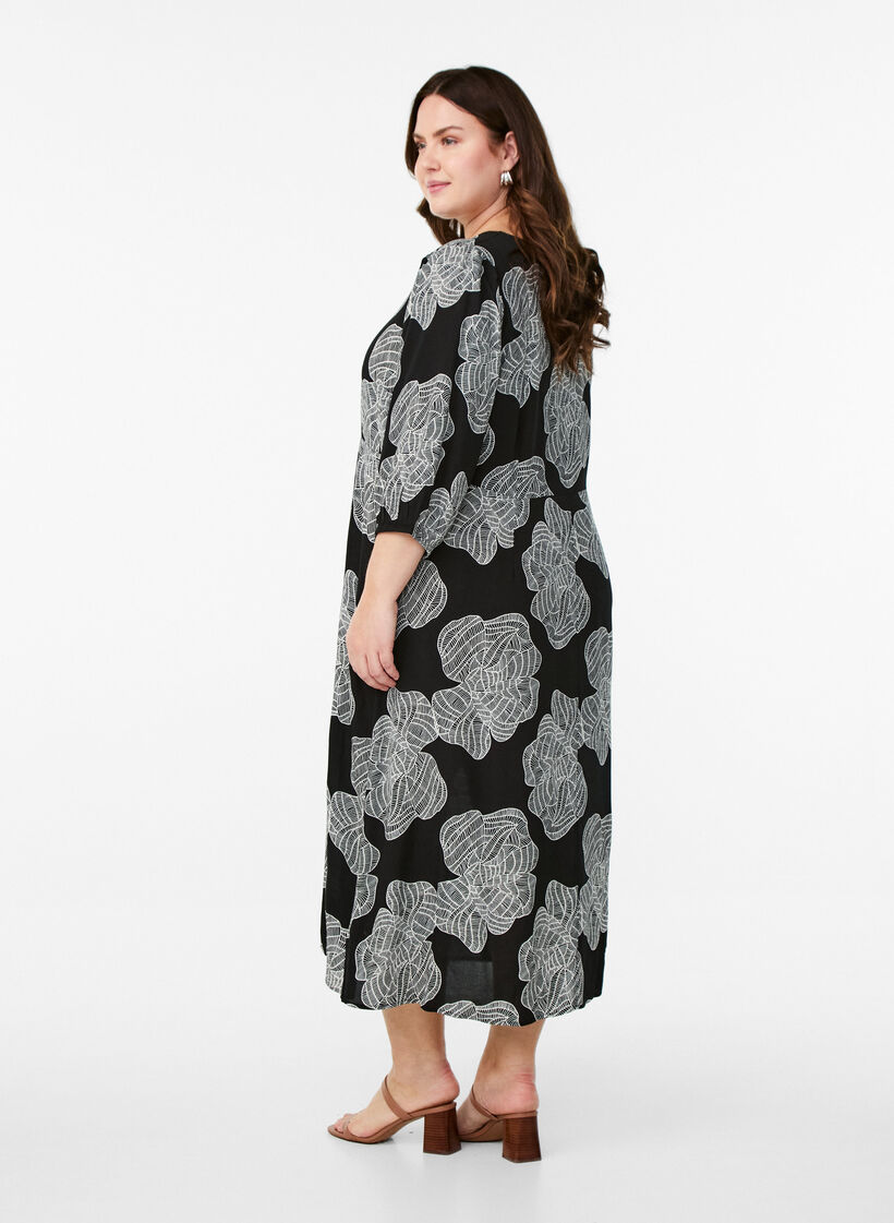 Midi-jurk met bloemenprint en 3/4 mouwen, Zwart, Model image number 2