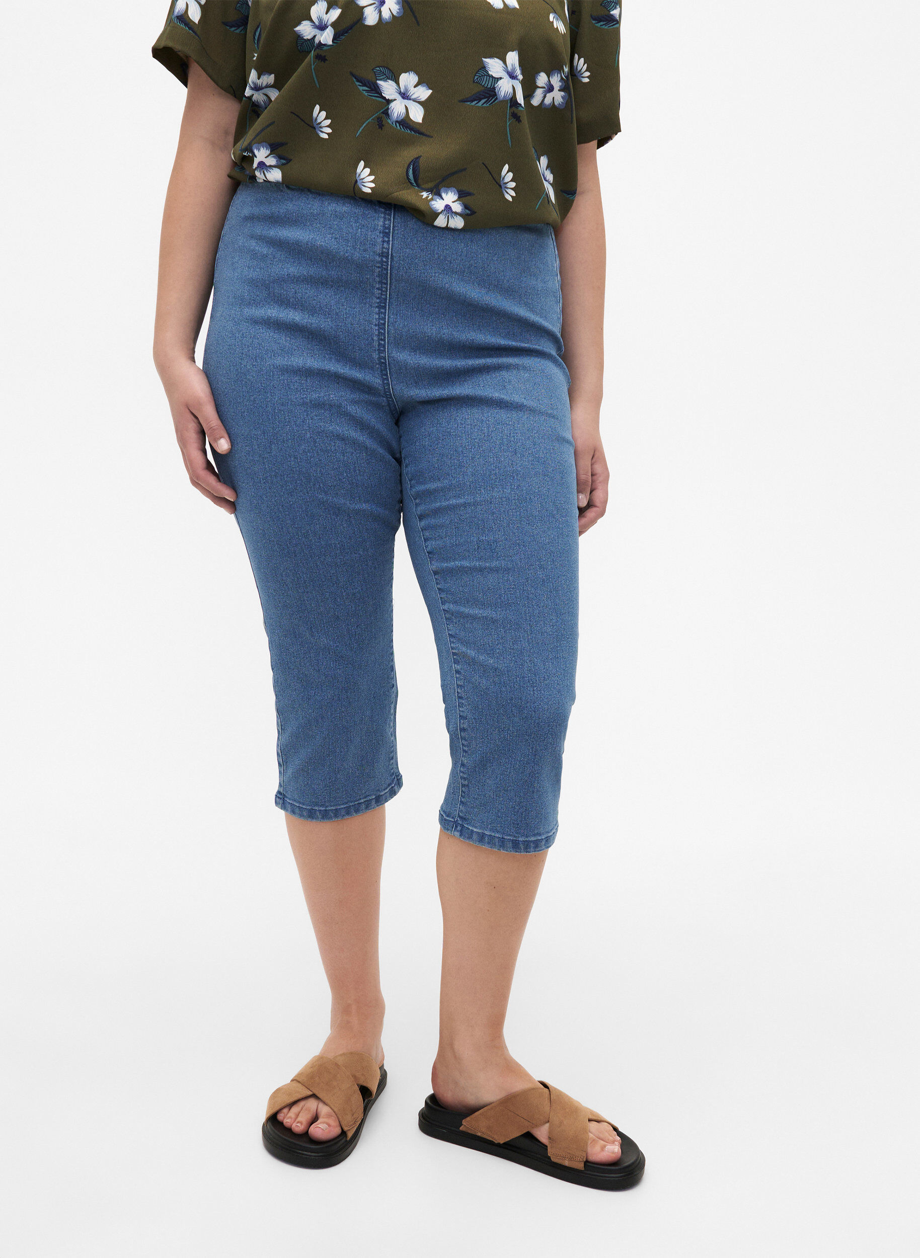 ZizziFLASH - denim capri broek met hoge taille en slanke pasvorm, Blauw, Model image number 3